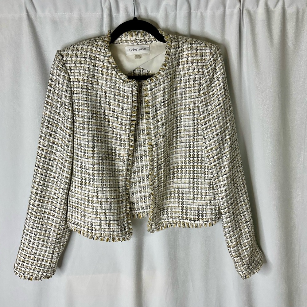 Calvin Klein Open Front Frayed Tweed Jacket Size 10P